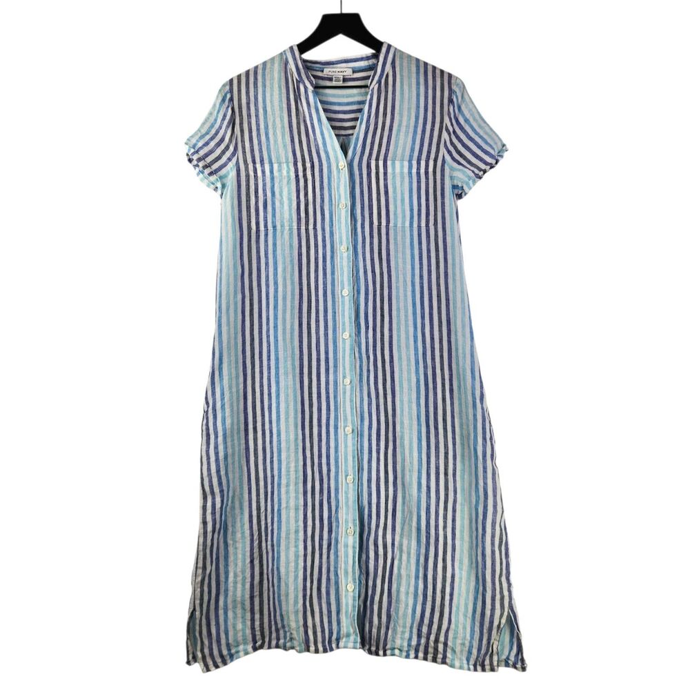 Pure Navy Linen Blue Striped Maxi Shirt Dress Medium Beach Nautical Resort Lagen